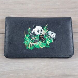 Black Leather Panda Bamboo Embroidered Bifold Long Wallet Checkbook Cover Vtg